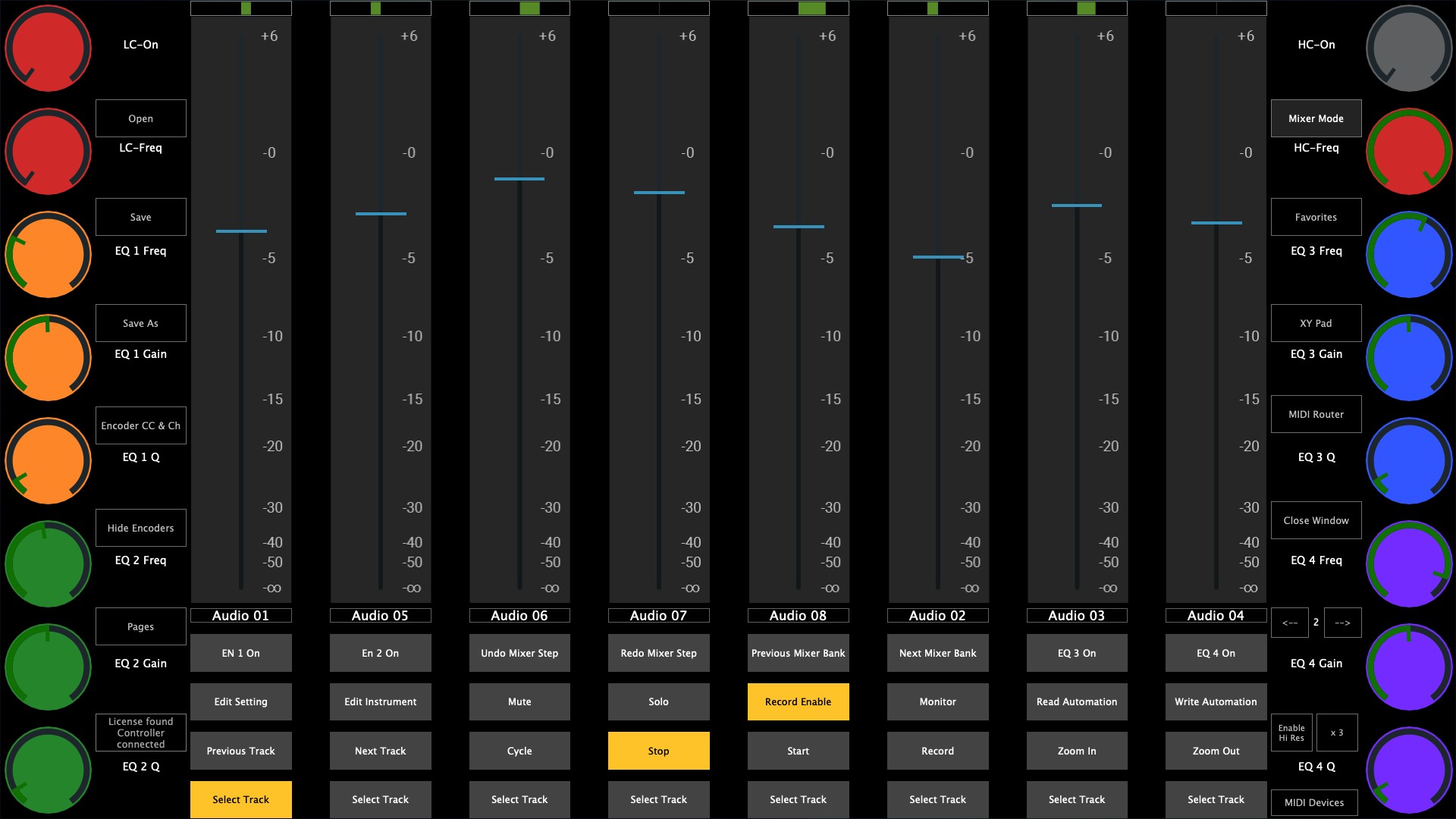 MP Controller showing the Cubase mix console and EQ