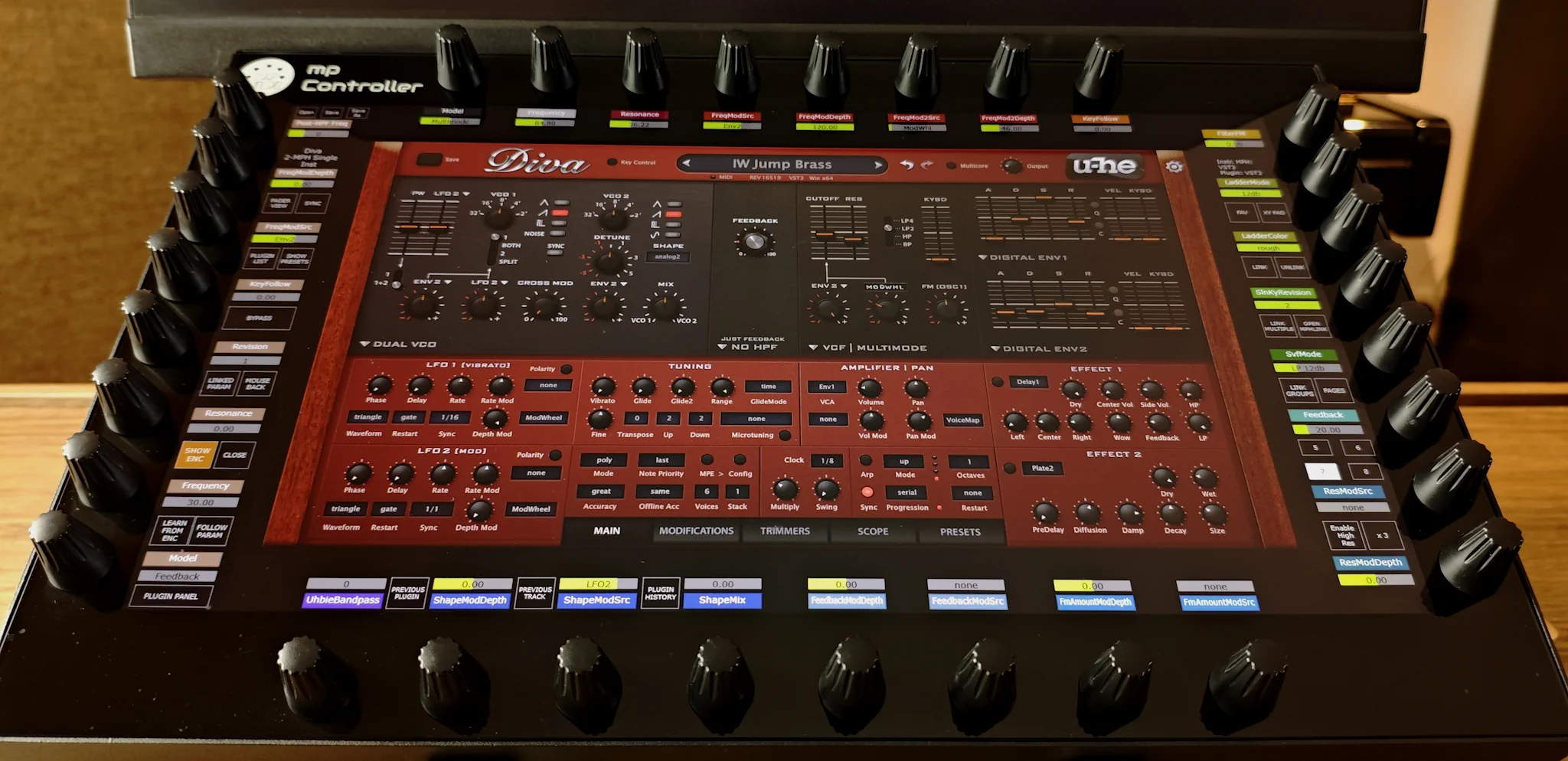 U-He Diva plugin on MP MIDI Controller with touchscreen interface and 32 precision encoders