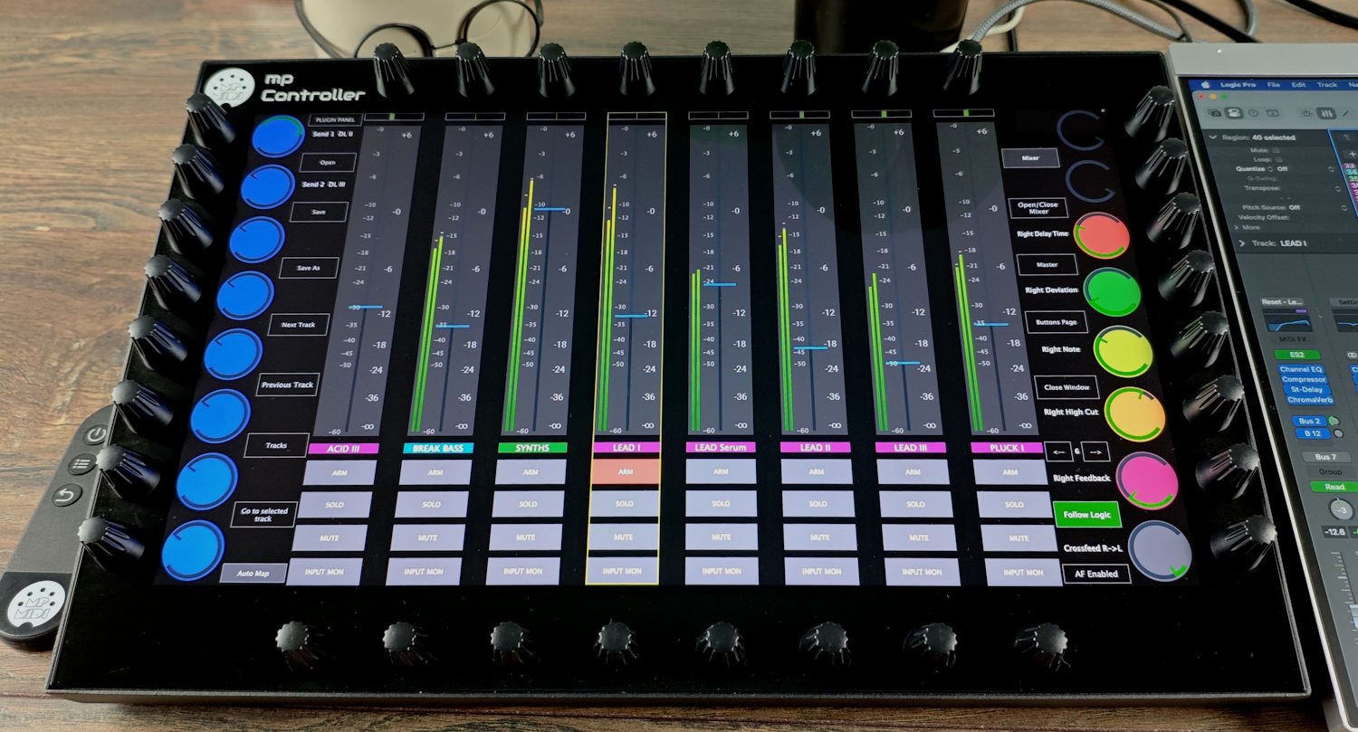 Per-track meters in the MP Controller mixer view, the MIDI controller for Logic Pro