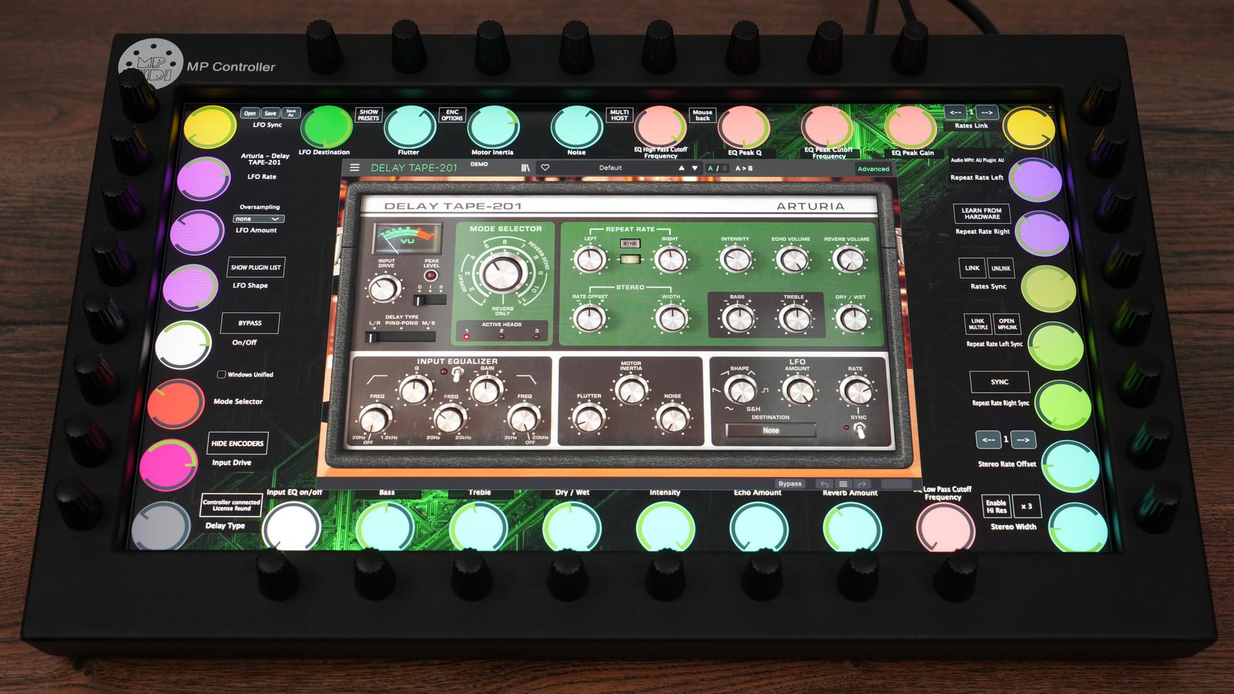 MP MIDI Controller with Arturia Delay Tape-201 plugin showing vintage controls and 32 endless encoders
