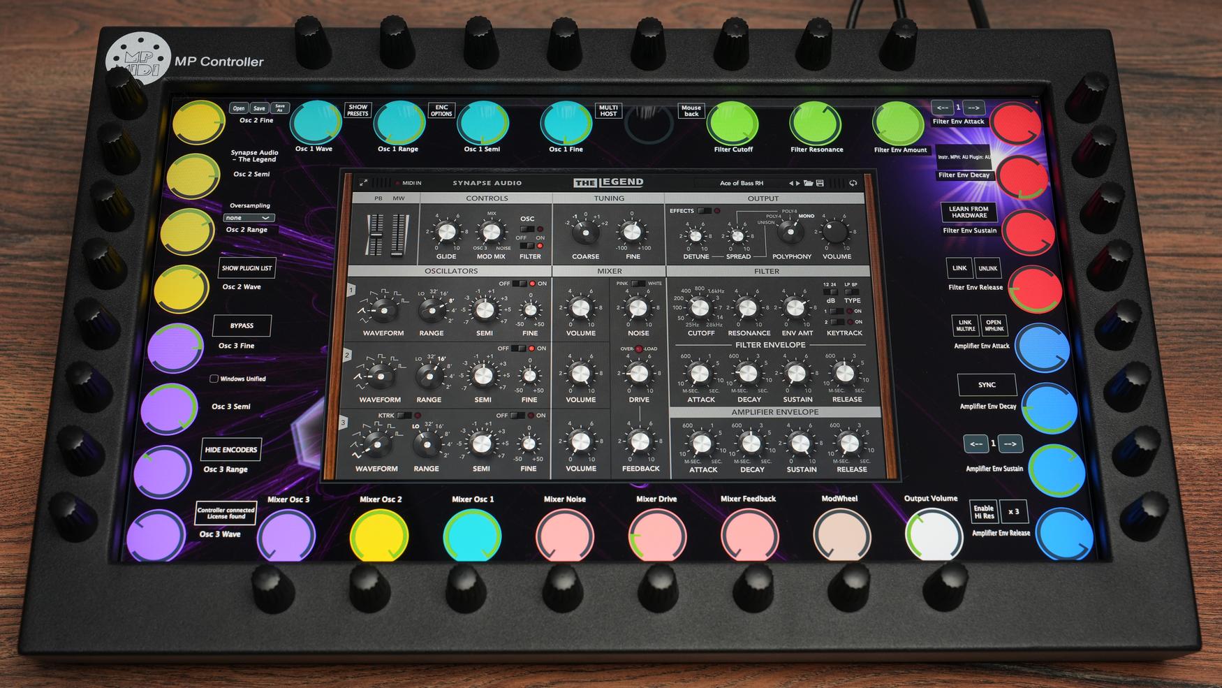 MP MIDI Controller with The Legend synthesizer plugin showing touchscreen interface and 32 endless encoders