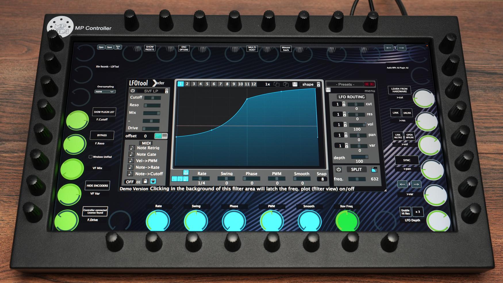 MP MIDI Controller with LFO Tool showing real-time parameter control and visual feedback